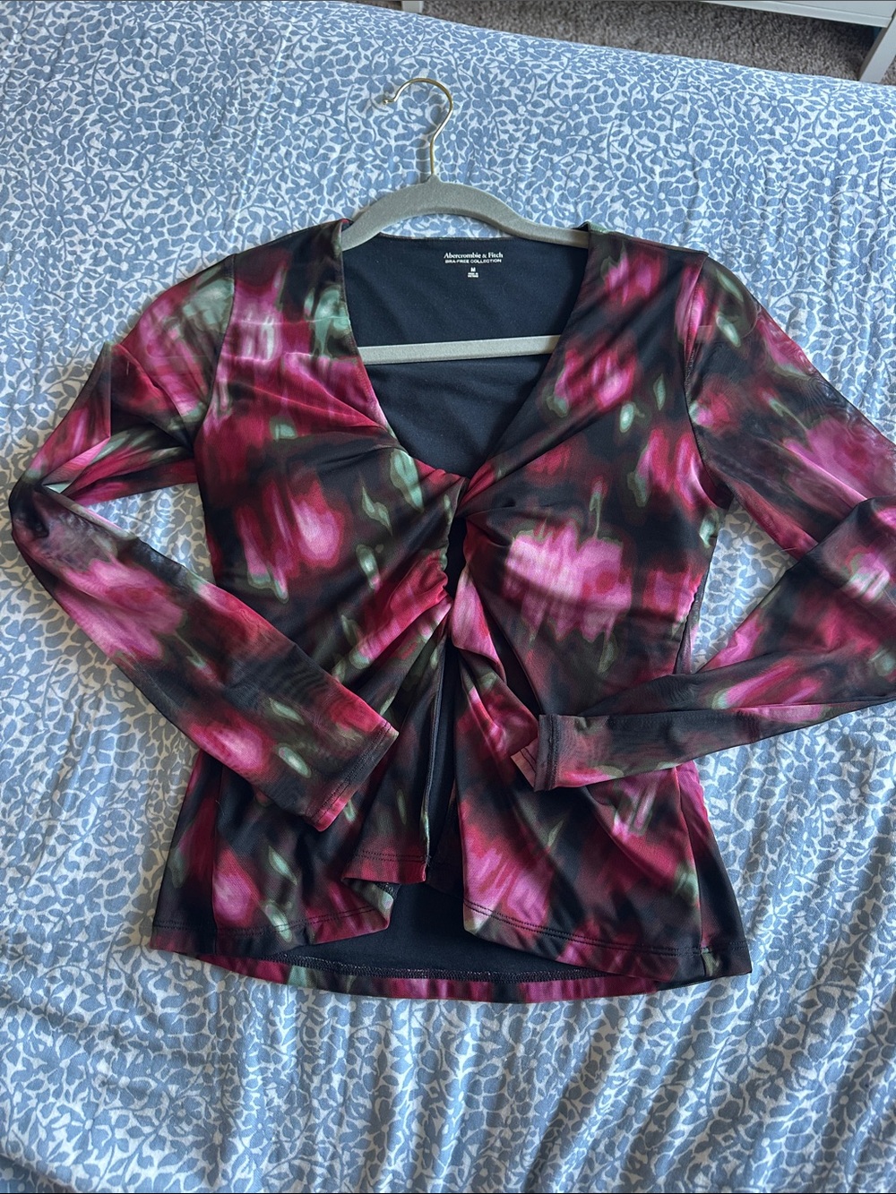 Abercrombie & Fitch Long-Sleeve Floral Twist-Front Top in Pink and Black